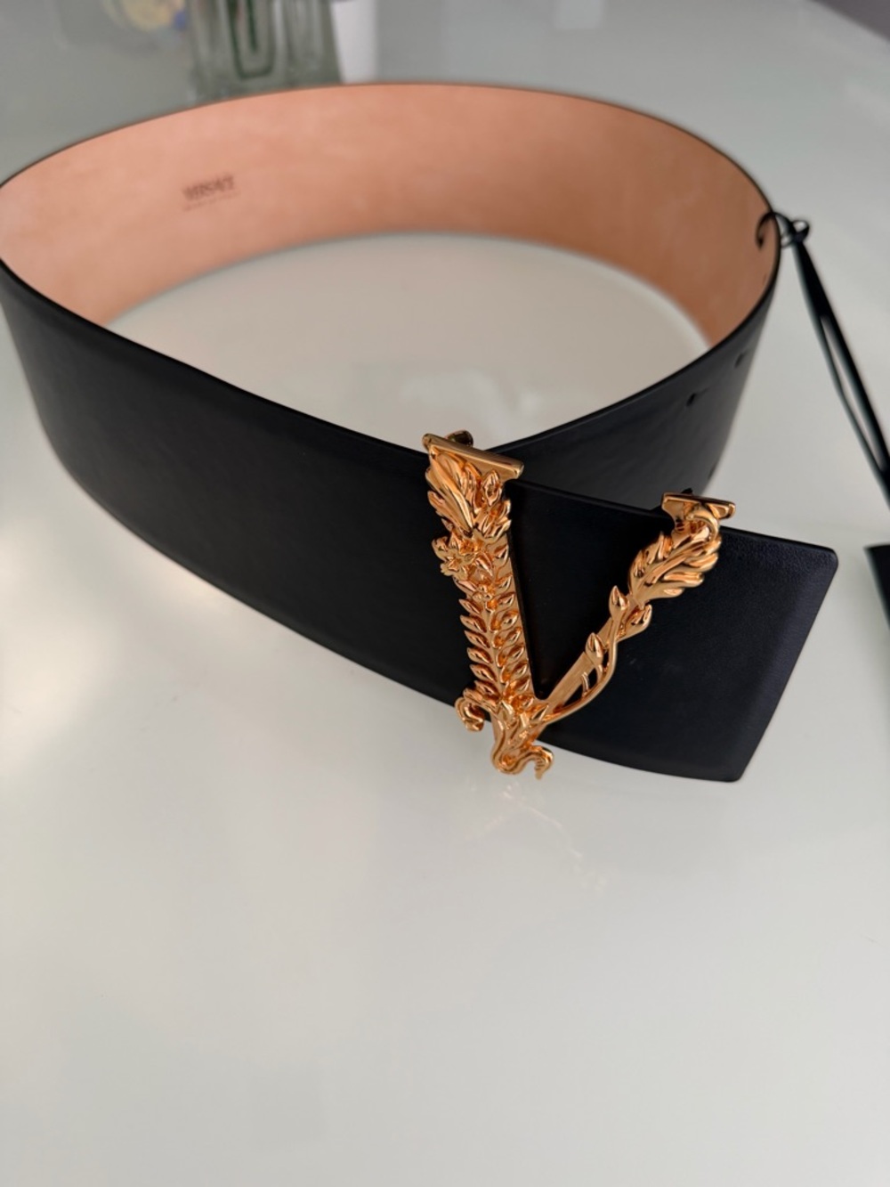 Versace Black Leather Belt with Gold Leaf V Buckle